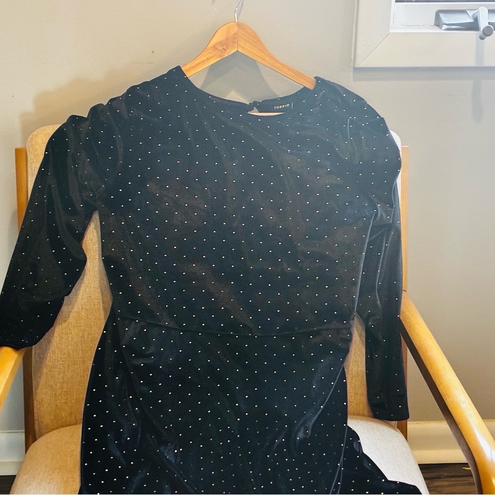 Torrid Chic Mini Black Velvet Dress with Gold Studs and Keyhole Back